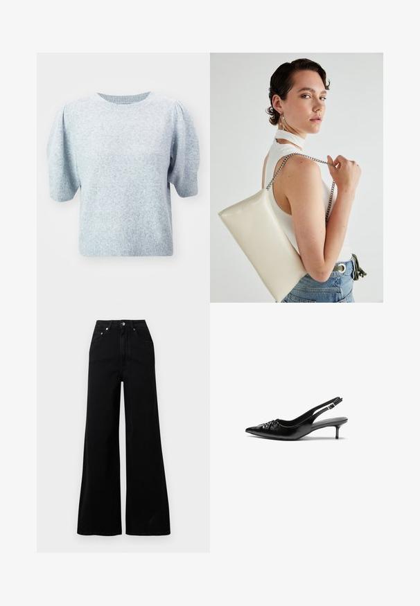 ONLY ONLRICA LIFE PULLOVER - Jumper - light grey; Black wide-leg jeans made from denim, featuring a high waist, five pockets, front button closure, and minimal stitching details.; Black leather slingback heels with a pointed toe, small kitten heel, and a decorative knot detail on the front. Smooth texture throughout.; White rectangular clutch bag made of glossy material, featuring a silver chain strap. Model poses, showcasing the bag against a plain background.