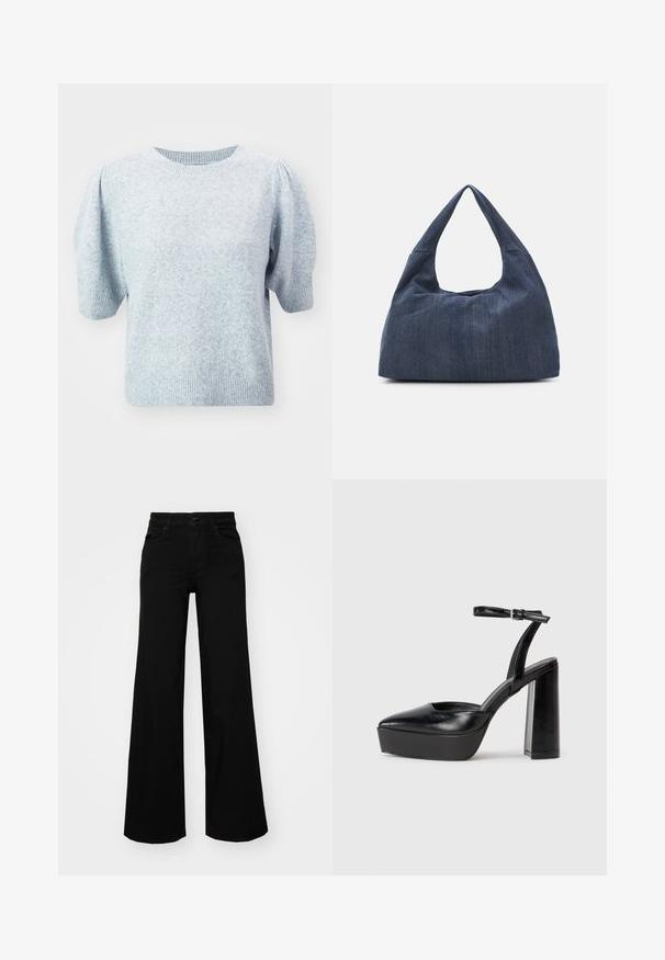 ONLY ONLRICA LIFE PULLOVER - Džemperis - light grey; Melni plaša kāju bikses, izgatavotas no džinsa, ar strukturētu jostu, jostu cilpiņām un priekšējām kabatām. Gluda tekstūra ar klasisku dizainu.; Melnas platformas papēžs ar norādītu purngala formu un regulējamu potītes siksniņu. Izgatavotas no gludas ādas, ar masīvu bloku papēdi.; Tumši zilās džinsu soma ar mīkstu, vaļīgu formu, aprīkotā ar hobo stila rokturi un teksturētu virsmu. Nav redzamu metāla detaļu.