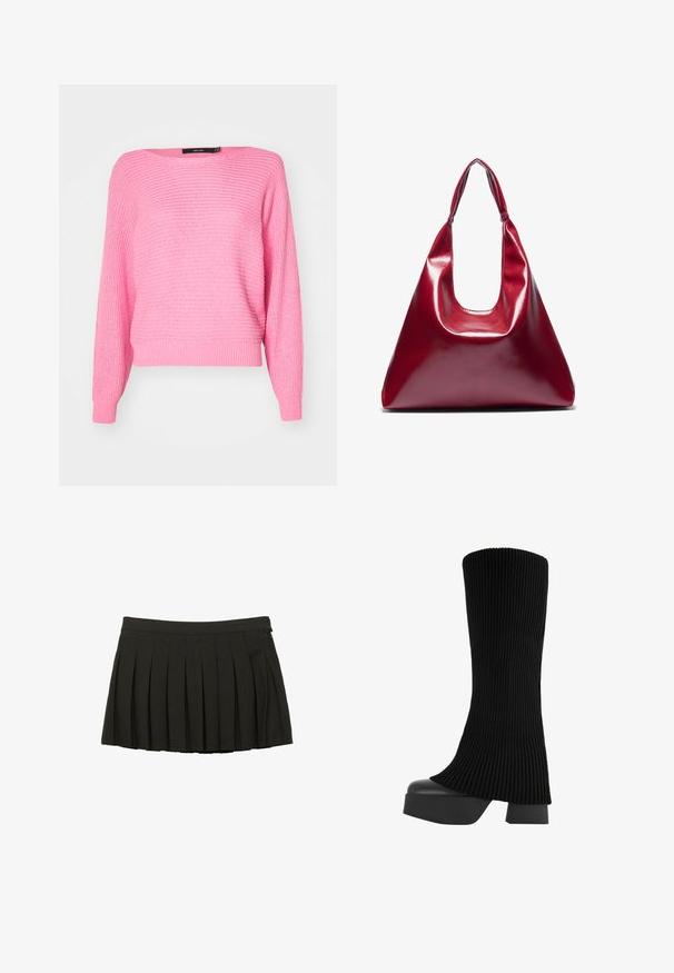 Roza pletena jopica s ohlapnim krojem, širokim ovratnikom in dolgimi rokavi. Ima rebraste zapestnice in teksturo roba.; Črna nabrana mini krila s prilegajočim pasom in stranskim zadrgo, prikazana na beli podlagi.; Črne škornje do kolen z raščlenjeno zgornjo plastjo iz blaga, debelim platformskim podplatom in blok peto, ki ima gladko teksturo in eleganten, sodoben dizajn.; Rdeča sijoča usnjena torbica v trikotni obliki, širokim vrhnjim odprtjem in enim ukrivljenim ročajem. Gladka textura z minimalnimi šivi.