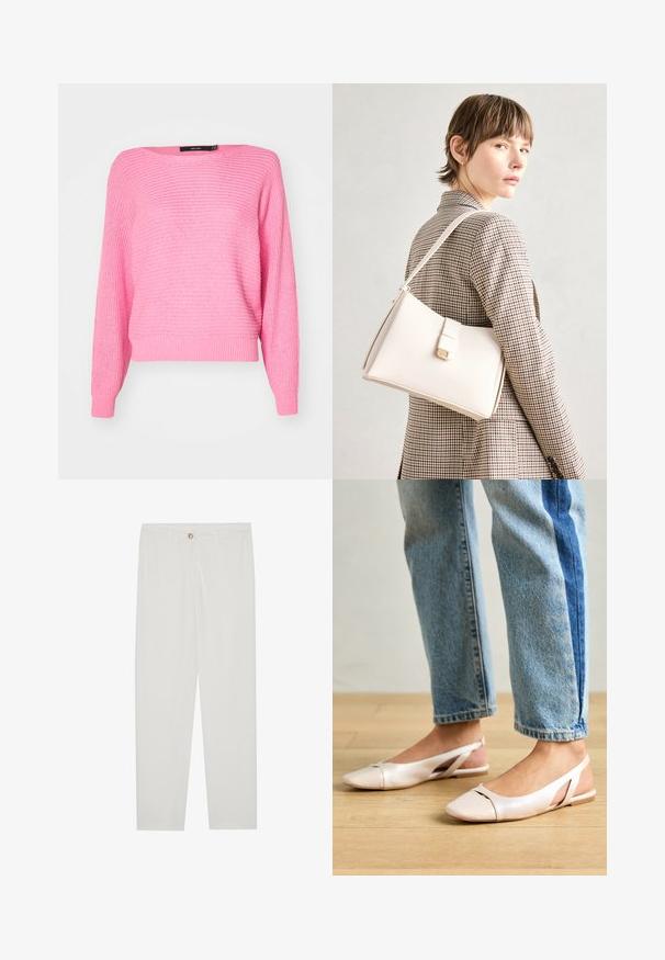 Sweater rosa tricotado com um corte largo, decote amplo e mangas longas. Apresenta punhos e bainha texturizados em canelado.; Calças brancas, ajustadas, com um design de perna reta, apresentando um fecho de botão, passantes para cinto e bolsos laterais; textura de tecido suave.; Sapatilhas slingback de cor rosa pálido com bico fino, feitas de um material semelhante a couro liso. Apresentam detalhes recortados nas laterais e um salto plano.; Bolsa de mão em couro branco com um design estruturado, apresentando um fecho magnético e uma alça de ombro, exibida sobre um fundo neutro.