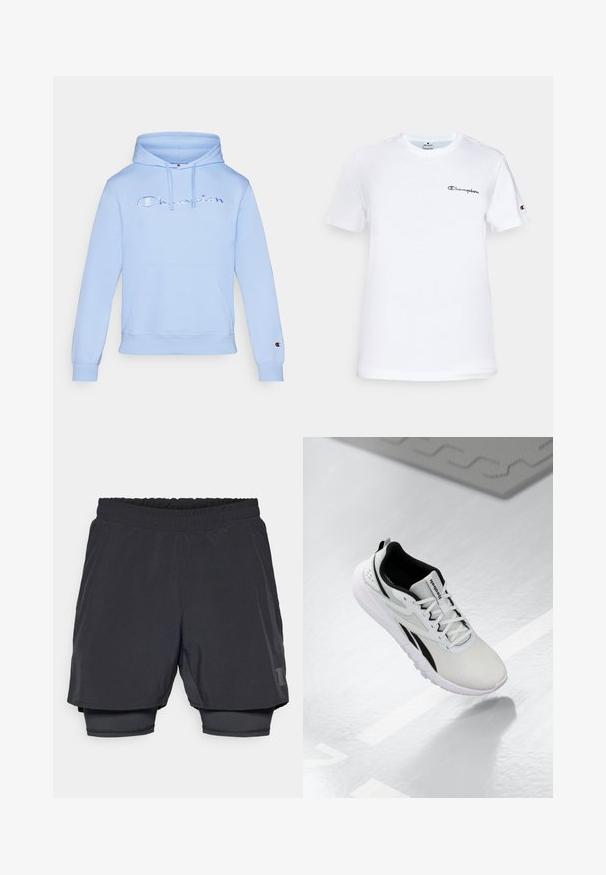 Hanorac bleu deschis din amestec de bumbac, având o buzunar frontal și glugă cu șnur. Logo-ul "Champion" brodat pe piept.; Tricou alb din bumbac cu guler rotund, mâneci scurte și un logo "Champion" brodat în negru pe piept și pe accentul de pe mânecă.; Pantaloni scurți atletici negri, cu talie elastică, design în straturi și căptușeală interioară ajustată. Prezintă un logo subtil pe partea inferioară.; Pantof cu design sportiv de culoare gri deschis, cu accente negre, superior din plasă texturată, talpă cu amortizare și sistem de închidere cu șireturi. Dispune de un tab de prindere pe călcâi.