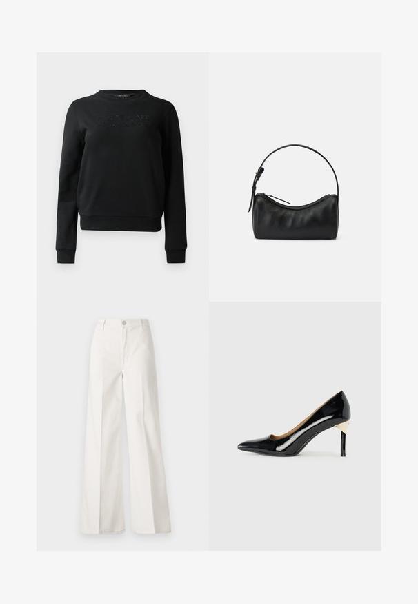 Svart hettegenser laget av myk stoff, med en ribbet utringning og mansjetter. Framsiden viser "ARMANI EXCHANGE" i preget skrift.; Hvite vide bukser laget av bomull med en glatt tekstur. Har en frontknapp, glidelåsgylf og fire lommer.; Sorte lakksko med høye hæler, spiss tå og utskjæringsdesign; har en elegant gullakzent på hælen. Enkel og elegant.; Svart lær skulderveske med buet design, glidelås og smal stropp. Har en glatt tekstur og subtile sømdetaljer.