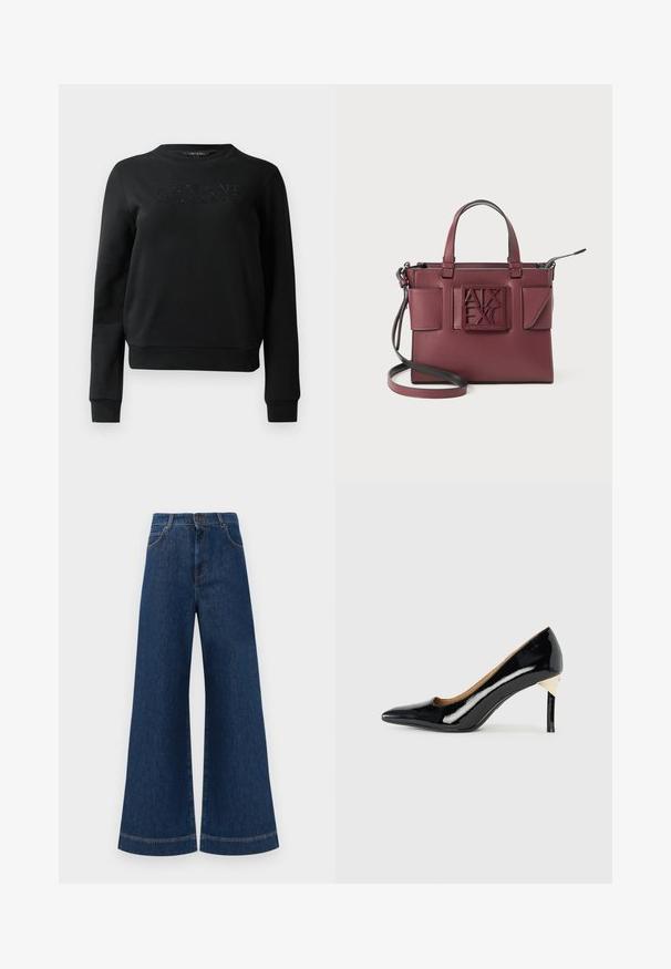 Svart hettegenser laget av myk stoff, med en ribbet utringning og mansjetter. Framsiden viser "ARMANI EXCHANGE" i preget skrift.; Bredde ben blå denim bukser med høy midje, med en knappeåpning, beltehemper og subtile sømdetaljer langs lommer og sømmer.; Sorte lakksko med høye hæler, spiss tå og utskjæringsdesign; har en elegant gullakzent på hælen. Enkel og elegant.; Burgunderfarget lærhåndveske med doble håndtak, justerbar skulderrem og preget logo på forsiden. Har to sidelommer og et elegant design.