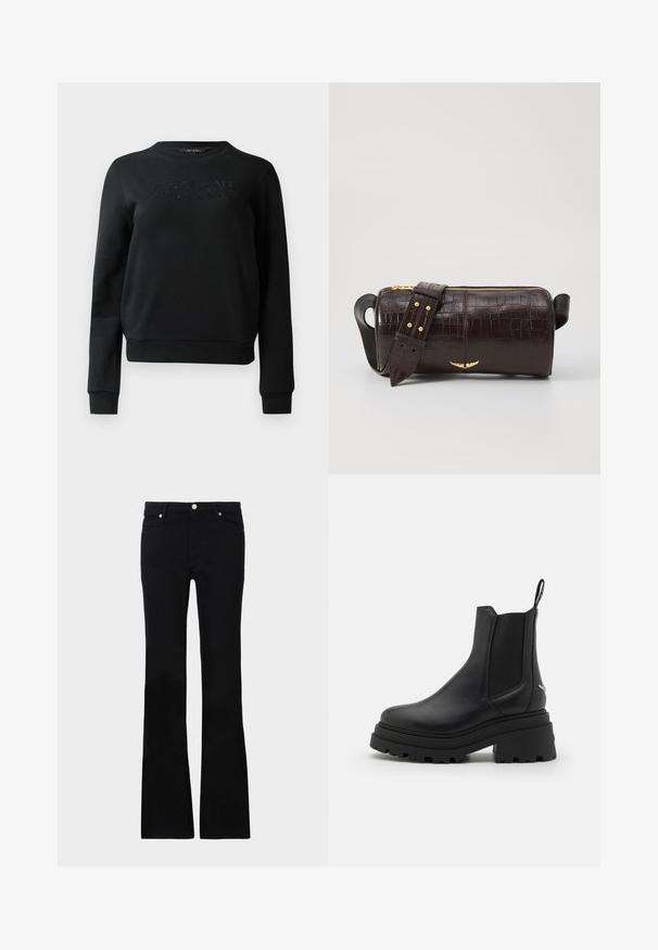 Must must, mis pehmest kangast, ribitud ümar kaelus ja mansetid. Ees on kirjas "ARMANI EXCHANGE" reljeefsete tähtedega.; Mustad teksased, millel on flared lõige, kaks esi-taskut, nööbiga kinnitamine ja sile tekstuur. Tootemärgistus on nähtav õmblustes.; Mustad mustad tumed nahast Chelseas kingad, millel on elastsed külgpaneelid, paks ja sooniline kummitald ning tagaküljel tõmberaam.; Pruunist krokodillimustrist nahast kott, millel on silindri kuju, kuldse tooni metalldetailid ja eemaldatav rihm, kus on nupud.