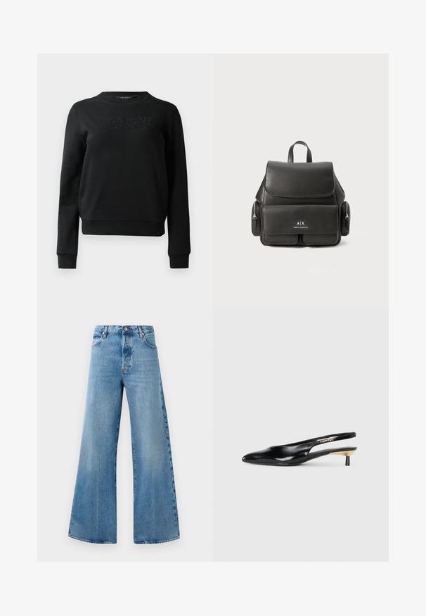 Felpa nera realizzata in tessuto morbido, con colletto e polsini a costine. Sul davanti è presente la scritta "ARMANI EXCHANGE" in lettere in rilievo.; Jeans in denim azzurro chiaro a gamba larga con vita alta, dotati di tasche frontali, chiusura con bottone e dettagli di sbiadimento discreto.; Pump slingback neri con punta affusolata, finitura in pelle lucida e tacco piccolo con accento dorato. Design elegante con schienale aperto.; Zaino in pelle nera con chiusura a pattina, tasca frontale, scomparti laterali con cerniera e manico superiore. Presenta dettagli con logo sul fronte.