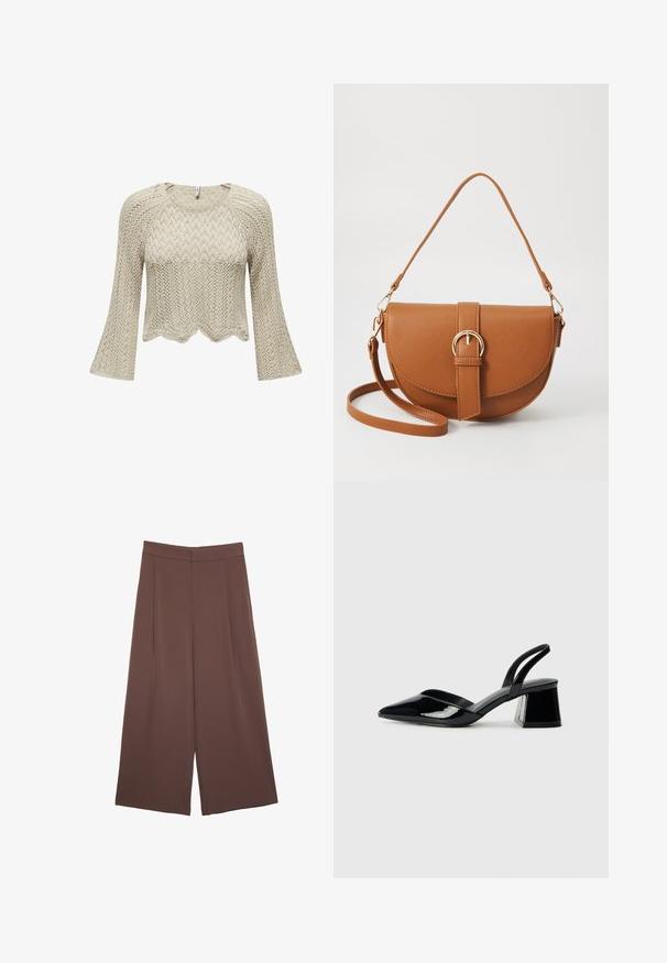 Pleteni kraški pulover v bež barvi, z valovitim robom, zvonastimi rokavi in strukturiranim chevron vzorcem po celotnem izdelku.; Rjave široke hlače z gladko teksturo, ki imajo visok pas in sprednje naborke. Tkanina je lahka in prosto pada.; Črne lakirane slingback pete s koničastim nosom in geometrijsko blokasto peto. Imajo eleganten, minimalističen dizajn in gladko teksturo.; Rjava usnjena torbica prek telesa s ukrivljeno obliko, zlate opreme in sponko. Ima odstranljiv naramni trak.