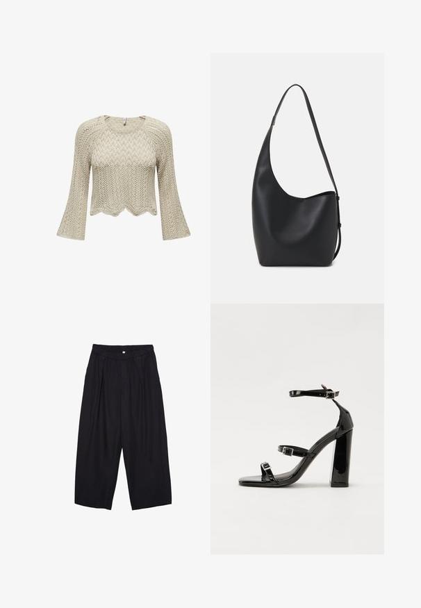 Beige gestrickter, verkürzter Pullover mit einem gewellten Saum, Glockenärmeln und einem strukturierten Zickzackmuster.; Schwarze Polyester-Culotte mit einem elastischen Bund, zwei vorderen Falten und einer lockeren Silhouette. Keine sichtbaren Muster oder Hardware-Details.; Schwarze patentierte Sandalen mit Absatz, quadratischer Spitze, Knöchelriemen und silbernen Schnallen. Mit einem stabilen Blockabsatz für mehr Stabilität.; Schwarze Leder-Hobo-Tasche mit einer glatten Textur, geschwungener Form und einem einzelnen verstellbaren Tragegurt; verfügt über eine weite Öffnung am oberen Ende.