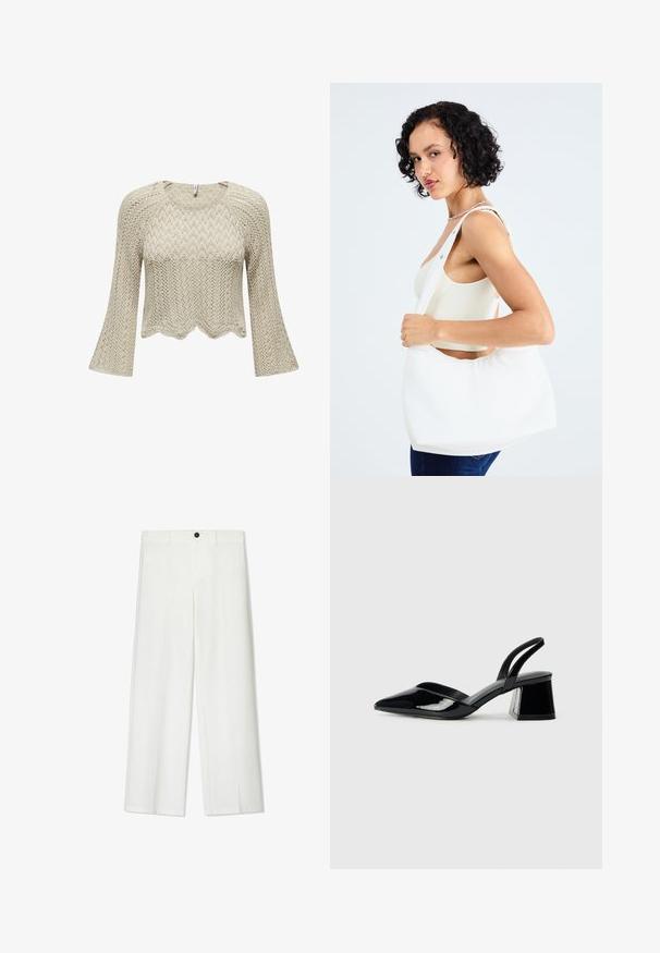 Knit cropped sweater in beige, featuring a scalloped hem, bell sleeves, and a textured chevron pattern throughout.; White, wide-leg trousers with a smooth texture, featuring a front button closure and belt loops, tailored for a relaxed fit.; Black patent leather slingback heels with a pointed toe and a geometric block heel. Features a sleek, minimal design and smooth texture.; White shoulder bag made of smooth material, featuring an oval cutout and wide strap design. Simple and modern with no visible hardware.