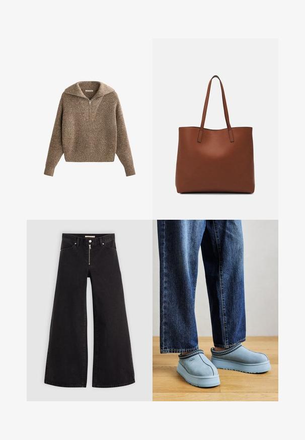 Pullover mit halbem Reißverschluss am Kragen, strukturiertem braunem Strick, gerippten Bündchen und Saum, mit einem gemütlichen, oversized Schnitt und V-Ausschnitt.; Schwarze Denim-Jeans mit weitem Bein, Reißverschluss vorne, Fünf-Taschen-Design und dezenten Stickdetails. Glatte Textur und lässiger Stil.; Blaue Wildleder-Slippers von UGG mit dicken Sohlen, getragen zu blauen Jeans auf einem Holzboden vor einem schlichten Hintergrund.; Braune Leder-Tote mit glatter Textur, offenem Oberteil und zwei Schulterriemen. Verfügt über minimale Nähte und keine sichtbaren Beschläge.