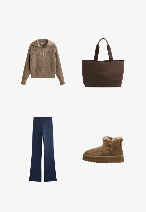 Sweter z półsuwnym kołnierzem, teksturowany brązowy splot, ściągacze przy rękawach i u dołu, o przytulnym, oversize'owym kroju i dekolcie w kształcie litery V.; Granatowe spódnice dzwony wykonane z elastycznego materiału; mają wysoki, szeroki pas i gładką fakturę, bez wzorów czy widocznych elementów hardware.; Brązowe zamszowe botki za kostkę z futrzanym wnętrzem, okrągłym noskiem i grubą platformą; mają przeszywaną szew i uchwyt z tyłu.; Brązowa torba materiałowa z dwoma mocnymi uchwytami, prostokątny kształt, minimalne detale w szyciu i gładka tekstura.