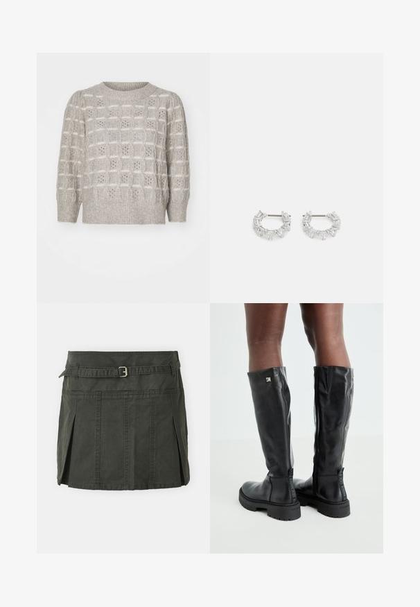 Heledashallane kudumi, millel on tekstuuriga muster, kus on tõstetud ruudud ja avatud detailid; ümmargune kaelus ning soonikkudumine varrukate ja äärte juures.; Tume roheline puuvillane mini-seelik, mis on kätkestatud vöökoht, vöö ja esipleatiga. Omab õmblusdetailsusi ja klassikalist lõiget.; Mustad põlvikõrgused mustad nahast saapad, millel on sile tekstuur, ümar varvas, paks põhi ja tõmblukk. Küljel on hõbedane logo.; Hõbedased rõngakõrvarõngad, millel on selged, ristkülikukujulised ja kolmnurkse kujuga kristallid, mis on paigutatud mustriga disaini. Kõrvarõngaid kinnitavad postid, et tagada kindel kinnitamine.