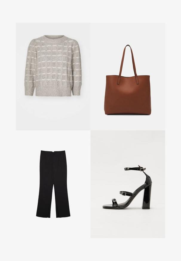 Vaaleanharmaa neulepusero, jossa on teksturoitu kuvio, jossa on kohotettuja neliöitä ja avonaisia yksityiskohtia; pyöreä kaula-aukko sekä resorit hihoissa ja helmassa.; Mustat housut suoralinjaisella leikkauksella, joissa on etutaskut ja sivurei'ät helman alla. Valmistettu pehmeästä ja sileästä kankaasta. Sopii eri tilaisuuksiin.; Musta kiiltävä korkokenkä sandaalit neliönmuotoisella varpaalla, nilkkaremmillä ja hopeisilla soljilla. Varustettu tukevalla lohkokorkealla vakauden takaamiseksi.; Ruskea nahkainen olkalaukku, jossa on sileä pinta, avoin yläosa ja kaksi olkahihnaa. Omaavat vain minimaalisen ompelun eikä näkyvää metalliosaa.