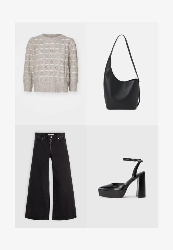 Svetlo sivi pletený pulover z značilnim vzorcem z izbočenimi kvadrati in odprtimi detajli; krožni izrez in rebrasti manšeti ter rob.; Široke traperice iz črnega denima z zadrgo spredaj, petimi žepi in diskretnimi šivi. Gladka tekstura in ležeren slog.; Črne platforme z visokimi petami in koničastim nosom ter nastavljivim gležnjenjskim trakom. Narejene iz gladke usnje, s kockasto peto.; Črna usnjena hobo torba z gladko teksturo, ukrivljeno obliko in eno nastavljivo naramnico; ima širok odprtina na vrhu.