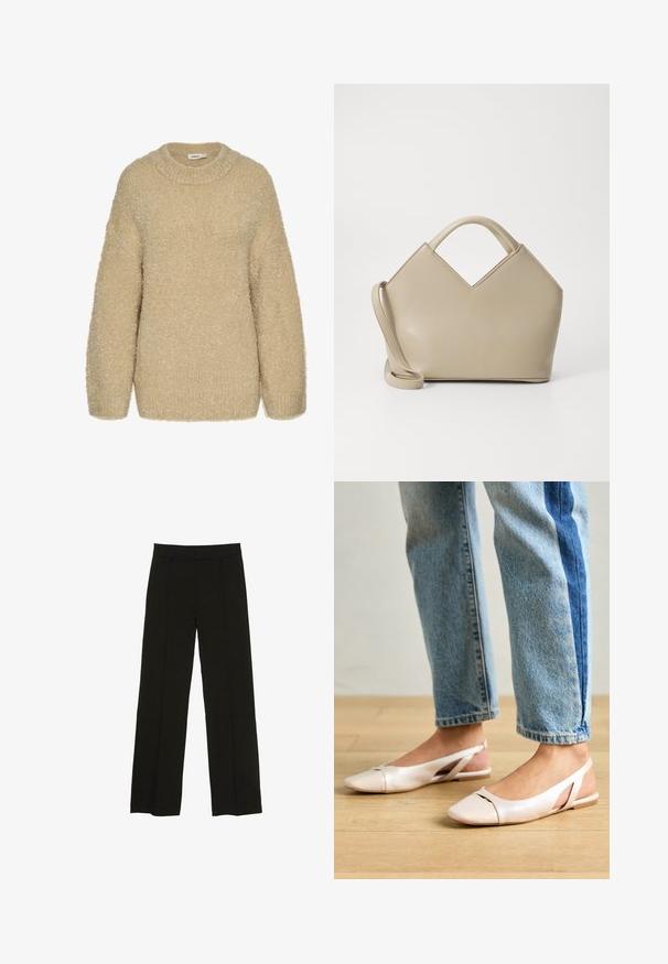 Beżowy, puszysty sweter z okrągłym dekoltem, opadającymi ramionami i miękką teksturą. Posiada luźny krój oraz ściągacze na rękawach.; Czarne spodnie szerokie na nogawkach wykonane z gładkiego materiału, z dopasowanym paskiem w talii i subtelnymi fałdami z przodu, które dodają tekstury.; Jasnoróżowe baleriny na odkrytej pięcie z wąskim noskiem, wykonane z gładkiego materiału imitującego skórę. Posiadają wycięcia po bokach oraz płaski obcas.; Beżowa torebka o wyraźnej strukturze z wklęsłym górnym brzegiem, wykonana z gładkiej skóry, z krótkimi uchwytami oraz długim regulowanym paskiem. Minimalistyczny design.