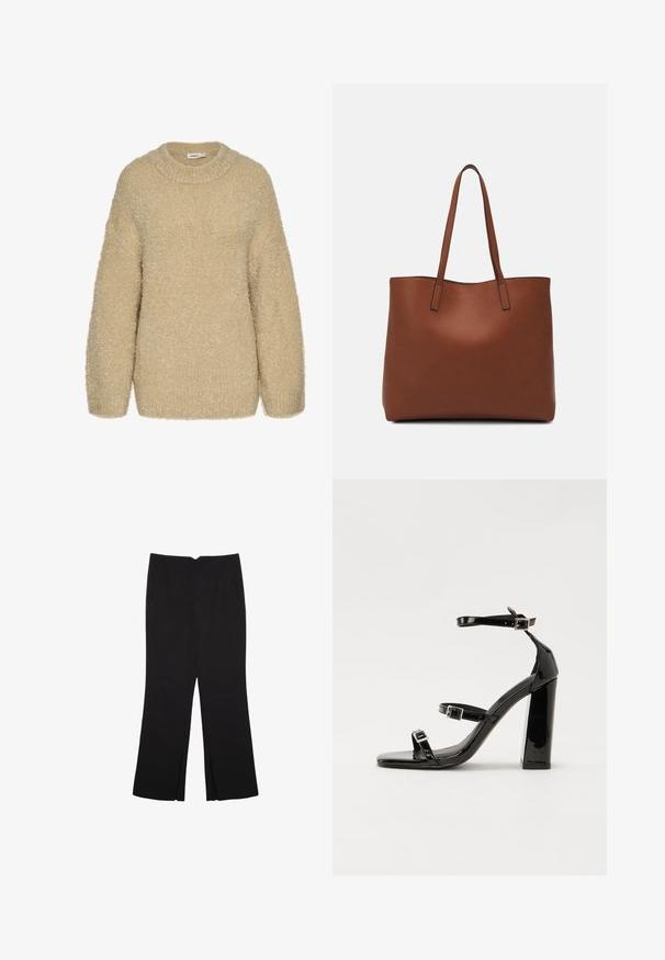 Beige fuzzie Pullover mit Rundhalsausschnitt, überschnittenen Schultern und einer weichen Textur. Hat einen entspannten Schnitt und gerippte Bündchen an den Ärmeln.; Schwarze Hose mit geradem Schnitt, ausgestattet mit Fronttaschen und Seitenschlitzen am Saum. Hergestellt aus weichem, glattem Stoff. Geeignet für verschiedene Anlässe.; Schwarze Lackleder-Sandalen mit hohen Absätzen, zwei Riemen mit Schnallen, quadratischer Zehenpartie und klobigem Blockabsatz, mit einer glatten, glänzenden Textur.; Braune Leder-Tote mit glatter Textur, offenem Oberteil und zwei Schulterriemen. Verfügt über minimale Nähte und keine sichtbaren Beschläge.