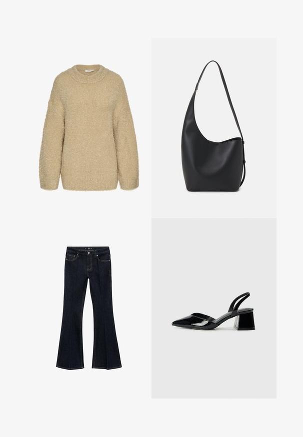 Bežna puhasta jopica s okroglim ovratnikom, spuščenimi rameni in mehkobo. Ima sproščen kroj in rebraste manšete na rokavih.; Temno modri kavbojke z višjim pasom, sprednjimi žepi in širokimi boki, prikazane na ravni beli podlagi.; Črne lakirane slingback pete s koničastim nosom in geometrijsko blokasto peto. Imajo eleganten, minimalističen dizajn in gladko teksturo.; Črna usnjena hobo torba z gladko teksturo, ukrivljeno obliko in eno nastavljivo naramnico; ima širok odprtina na vrhu.