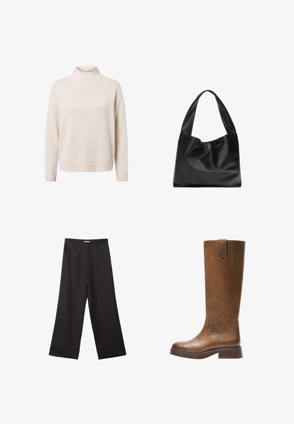 Cremfarbener Strickpullover mit hohem Rippkragen, lockerer Passform und gerippten Bündchen und Saum. Weiche Textur und leichtes Material.; Schwarze weite Hosen aus glattem Stoff, mit einem Reißverschluss vorne und zwei seitlichen Taschen, maßgeschneiderter Passform und minimalistischem Design.; Braunes Leder-Knöchelhochstiefel mit abgerundetem Zeh, strukturiertem Obermaterial und niedrigem, gestapeltem Absatz. Verfügt über ein seitliches Einsätzen und eine Ziehschlaufe an der Oberseite.; Schwarze Leder-Tote mit einem weichen, lässigen Design, breiten Griffen und einer glatten Textur. Keine sichtbaren Beschläge oder Verzierungen.