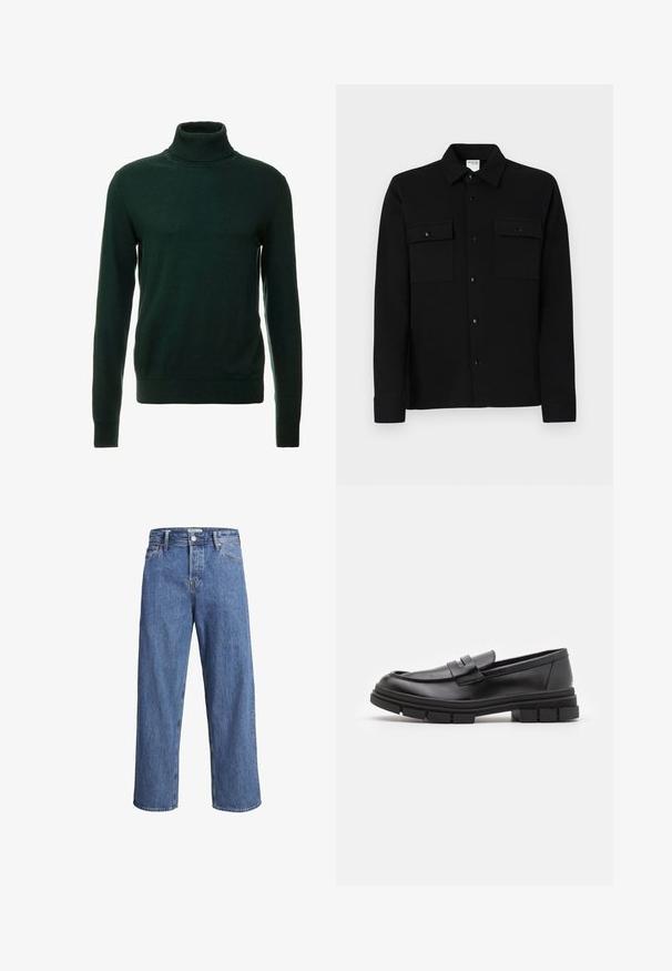 Tmavě zelený rolák vyrobený z hladkého pleteného materiálu. Má dlouhé rukávy a těsně přiléhající límec. Klasický design, bez vzorů.; Černá košile na knoflíky z hladkého materiálu, se dvěma náprsními kapsami, límcem s špičkami a manžetami na knoflíky. Jednoduchý design s minimálními detaily.; Světle modré džíny z denimu s rovnými nohavicemi, vysokým pasem a minimem švů. Látka má jemnou, lehce vybledlou strukturu.; Černé kožené mokasíny s hladkým povrchem, se zapínáním vpředu a masivní gumovou podrážkou se vroubkovanými detaily.