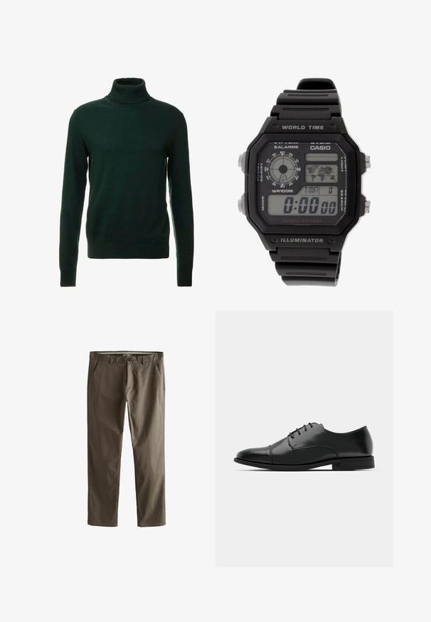 Tumši zaļš adīts džemperis ar augstu kaklu, izgatavots no gludas dzijas. Tam ir garas piedurknes un cieši pieguļošs kakls. Klasisks dizains, bez rakstiem.; Brūni kokvilnas chinos ar taisnu kāju dizainu, priekšējiem kabatām un pogu aizdari. Raksturīga gluda tekstūra un tīras līnijas.; Melnas ādas vadmalas kurpes ar noapaļotu purngalu, saistījuma dizains, smalkas izšuvumu detaļas un zema papēža. Gluda tekstūra ar spīdīgu apdari.; Digitālais rokas pulkstenis ar melnu gumijas siksniņu, taisnstūra korpusu un objektīvu. Rāda laiku, pasaules laika karti, kā arī pogas modinātājam un gaismai.