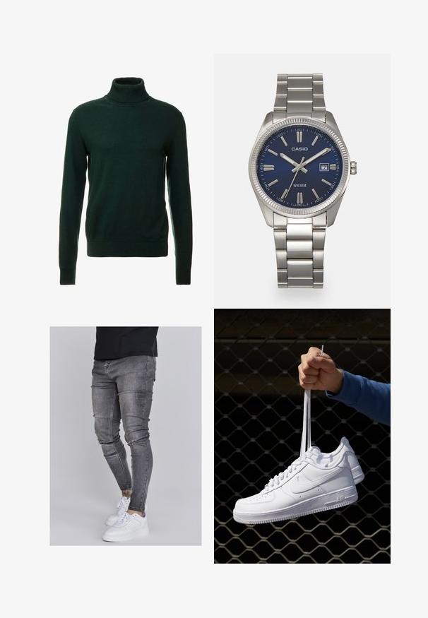 Suéter de cuello alto verde oscuro hecho de una tela de punto suave. Presenta mangas largas y un cuello ajustado. Diseño clásico, sin estampados.; Jeans ajustados en denim gris desgastado, con detalles desgastados en las rodillas, combinados con zapatillas blancas. Textura suave, diseño de corte slim.; Zapatillas de cuero blanco con perforaciones, punta redonda, suela plana y cordones gruesos, con un logo de swoosh visible y "AIR" en el talón.; Reloj de pulsera de acero inoxidable plateado con una esfera azul marina, marcadores horarios metálicos y una ventana de fecha a las 3 en punto. Resistente al agua hasta 50 metros.