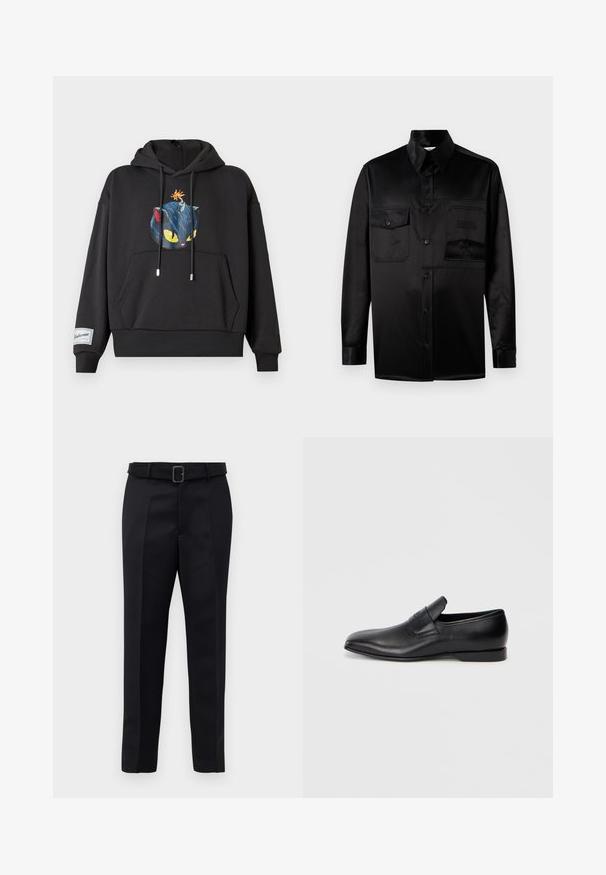 Melna kapuce ar zilu kaķi, kura acis ir dzeltenas, un bumbu uz galvas. Satur priekšējo kabatu un ribotu apakšmalu.; Melna garaiem piedurknēm kreklas, izgatavots no gludas auduma. Iespējo izcilu apkakli, priekšējo pogu aizdari un divas krūšukurvja kabatas ar atloku.; Melni piegriezti bikses ar gludu audumu, taisnu piegriezumu un jostu ar taisnleņķa sprādzi. Pamanāmie priekšējie iegriezumi uzlabo dizainu.; Melna ādas slēgta kurpe ar smailu purngalu, gludu virsmu un diskrētu zīmolu uz sāniem. Zems papēdis ar tīru, minimālistisku dizainu.