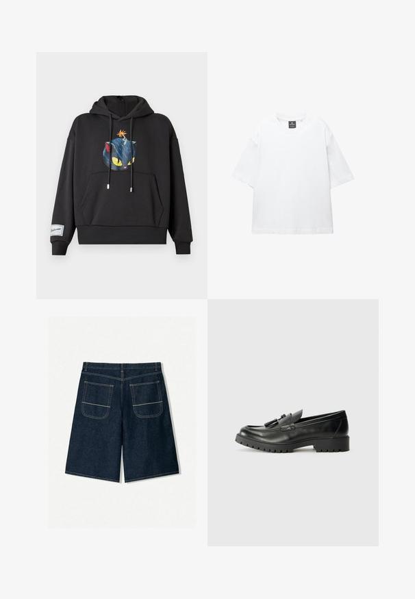 Schwarzer Hoodie mit einem Grafikdesign eines blauen Katers mit gelben Augen und einer Bombe auf dem Kopf. Enthält eine Vordertasche und einen gerippten Saum.; Weißes T-Shirt mit kurzen Ärmeln aus Baumwolle, das über einen Rundhalsausschnitt und einen lockeren Schnitt mit geradem Saum verfügt. Keine Muster oder Verzierungen.; Dunkelblaue Jeansshorts mit lockerer Passform, ausgestattet mit zwei Gesäßtaschen mit kontrastierenden Nähten. Gerader Schnitt und knielange Gestaltung.; Schwarze Leder-Pantoletten mit rundem Zehenbereich, auffälligen Nähten und einer strukturierten Gummisohle. Verfügt über dekorative Beschläge auf dem Blatt.