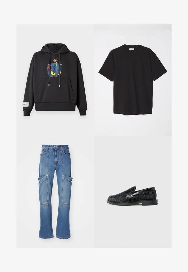 Sudadera negra con capucha que presenta un gráfico de un gato azul con ojos amarillos y una bomba en la cabeza. Incluye un bolsillo frontal y dobladillo acanalado.; Camiseta de algodón negra con cuello redondo, mangas cortas y un corte relajado. Diseño simple, textura suave y sin patrones o logotipos visibles.; Pantalones cargo de mezclilla en azul claro con cintura alta, múltiples bolsillos laterales y piernas acampanadas, con costuras en contraste y cierre de cremallera.; Zapato negro de tejido con un acento de cuero suave en la parte superior, diseño de punta redonda y suela de goma de perfil bajo.