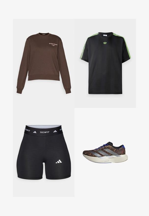 Björn Borg ESSENTIAL CREW - Bluză de molton - demitasse; Tricou negru dintr-un material fin, cu guler rotund, având trei dungi verzi pe umeri și un mic logo verde pe piept.; Scurturi negre dintr-un material elastic, cu un design ajustat. Dispun de un brâu lat negru, inscripționat cu "TECHFIT" și un logo alb pe picior.; Pantofii de alergare au un superior cu imprimeu de leopard brown, dungi argintii, accente albastre și o talpă intermediară albă etichetată "LIGHTSTRIKE PRO." Design ușor.