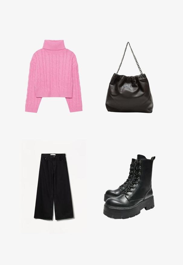 Gekürzter rosa Rollkragenpullover aus strukturiertem Kabelstrick, mit geripptem Kragen und Bündchen, langen Ärmeln und einem taillierten Saum.; Bershka WIDE-LEG - Wide Leg - black; Bershka TRACK - Plateaustiefelette - black; Braune Lederhandtasche mit gerafftem Oberteil und Kettenriemen. Glatte Textur mit glänzendem Finish und subtilen Nahtdetails an den Seiten.