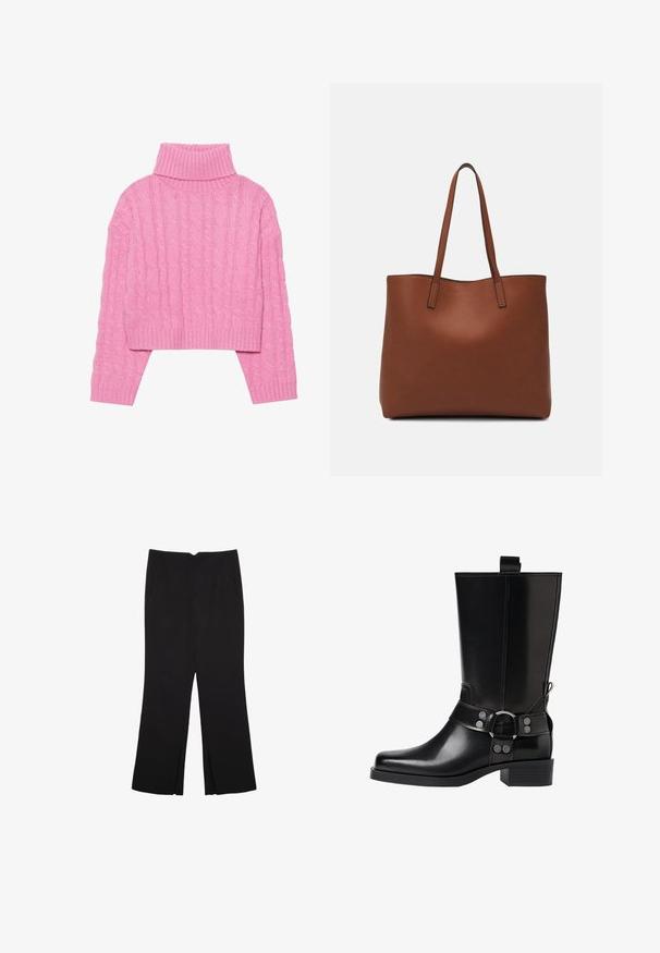 Skrajšan roza pulover s turtleneck ovratnikom, izdelan iz teksturirane pletenine v kabelskem vzorcu, s rebrastim ovratnikom in manšetami, dolgimi rokavi ter oprijetim robom.; Črne hlače ravnega kroja z naglavnimi žepi in stranskimi razporki na robu. Narejene iz mehke, gladke tkanine. Primerne za različne priložnosti.; Črne usnjene škornje do kolen s koničastim nosom, srebrnimi zaponkami in debelim peto. Imajo zanko za enostavno obuvanje.; Rjava usnjena torba z gladko teksturo, odprto zasnovo zgoraj in dvema naramnima trakovoma. Opremljena je z minimalnim šivanjem in brez vidnih kovinskih delov.