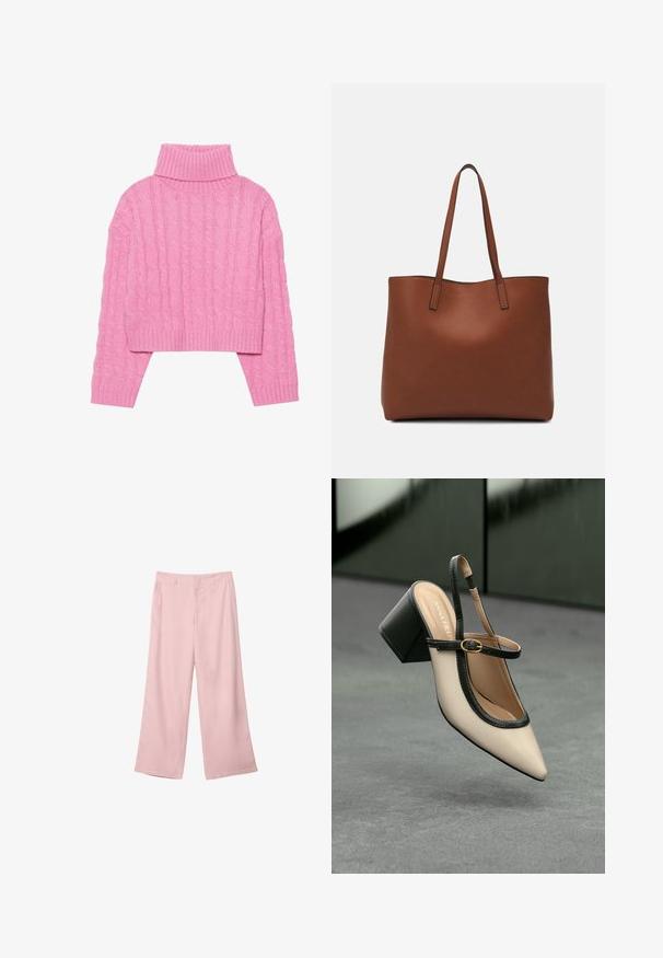 Skórzany różowy sweter o skróconym kroju, wykonany z teksturowanego splotu warkoczowego, z prążkowanym kołnierzem imanżetami, długimi rękawami i dopasowanym rękawem.; Jasnoróżowe spodnie szerokie z gładkiego materiału. Posiadają wyraźny pas i proste, swobodnie opadające nogawki, bez widocznych wzorów czy dodatkowych elementów.; Beżowe buty typu slingback z ostrym noskiem, czarnym wykończeniem, złotą klamrą i grubym obcasem na szarym podłożu z ciemnozielonym tłem.; Brązowa skórzana torba tote o gładkiej fakturze, z otwartym wierzchem i dwoma ramiączkami. Charakteryzuje się minimalnym przeszyciem i brakiem widocznych elementów metalowych.