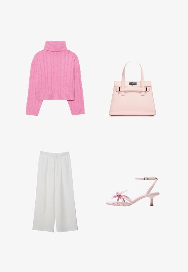 Skórzany różowy sweter o skróconym kroju, wykonany z teksturowanego splotu warkoczowego, z prążkowanym kołnierzem imanżetami, długimi rękawami i dopasowanym rękawem.; Białe szerokie spodnie wykonane z lekkiego materiału, z elastyczną talią i sznurkiem do regulacji fasonu. Gładka tekstura.; Różowe lakierowane sandały na obcasie z kwiatowym akcentem na palcu, z regulowanym paskiem wokół kostki oraz cienkim, krótkim obcasem.; Różowa torebka o strukturalnym kształcie, wykonana z teksturowanej skóry, z dwoma uchwytami u góry, zapięciem na zatrzask oraz kontrastującymi metalowymi akcentami.