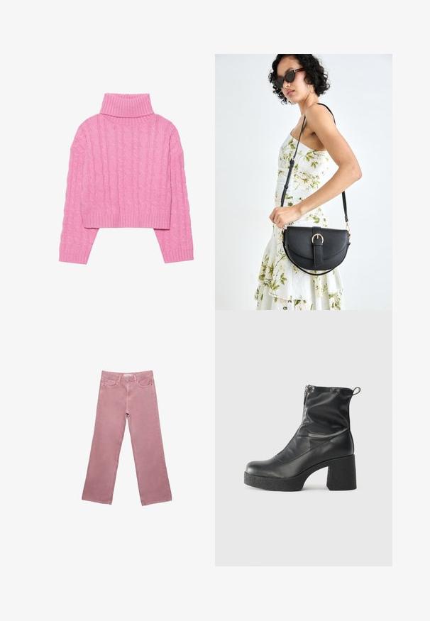 Kratki ružičasti pulover s visokim ovratnikom napravljen od teksturirane pletene tkanine, s rebrastim ovratnikom i manžetama, dugim rukavima i uskim rubom.; Ružičaste široke traperice izrađene od denima, s visokim strukom, prednjim džepovima i diskretnim detaljima šivanja. Glatka tekstura bez uzoraka.; Crne gležnjače od glatke kože, s bočnim zatvaračem, debelim teksturiranim potplatom i dizajnom s zaobljenim prstima.; Crna kožna torba s lukovitim oblikom, odvojivim remenom i zlatnim detaljima. Torba ima preklop s kopčom.