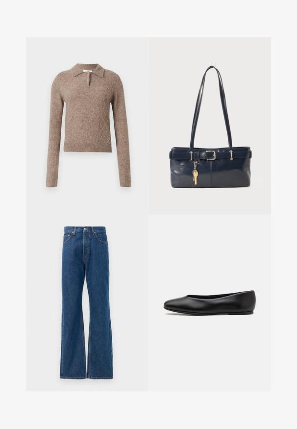 Brązowy wełniany sweter z kołnierzykiem, z diamentowym wzorem i długimi rękawami, wykończony ribbowymi mankietami i dołem.; Koszula w paski z białą bazą, z wąskimi wielokolorowymi liniami w odcieniach niebieskiego, pomarańczowego i zielonego. Długie rękawy i klasyczny kołnierzyk.; Niebieskie dżinsy z rozszerzanymi nogawkami, wysokim stanem, pięcioma kieszeniami, zapięciem na srebrny guzik i widocznymi przeszyciami.; Paul Smith TOPANGA czarny; Granatowa skórzana torebka z dwoma długimi uchwytami, detalem w postaci klamry oraz dołączonym breloczkiem. Charakteryzuje się gładką teksturą i prostokątnym kształtem.