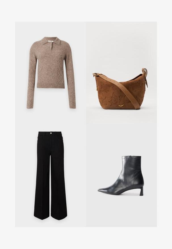 Maglione in lana marrone con colletto, caratterizzato da un motivo a rombi e maniche lunghe, rifinito con polsini e orlo a costine.; Jeans neri a gamba larga realizzati in tessuto resistente, con vita alta, tasche frontali e chiusura con bottone anteriore. Orlo piatto sul fondo.; Stivaletto in pelle nera con punta affusolata e design elegante. Presenta un tacco basso e una chiusura con zip sul retro. Texture liscia.; Borsa a spalla in suede marrone con design floreale impresso, completata da una morbida tracolla in pelle marrone e dettagli in metallo dorato.