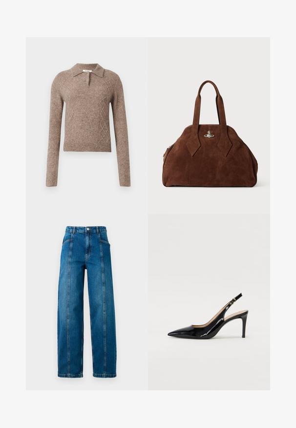 Brązowy wełniany sweter z kołnierzykiem, z diamentowym wzorem i długimi rękawami, wykończony ribbowymi mankietami i dołem.; Jeans z wysokim stanem, niebieskie, o szerokich nogawkach, z pionowymi szwami z przodu, bocznymi kieszeniami, szlufkami na pasek oraz z zapięciem na guziki.; Czarne lakierowane szpilki typu slingback z szpiczastym noskiem, smukłym obcasem i subtelnym wycięciem. Posiadają złotą klamrę na pasku.; Brązowa torebka z zamszu o usztywnionym kształcie, zaokrąglonym korpusie i wydłużonych uchwytach w kształcie diamentu. Charakteryzuje się srebrnym zamknięciem.