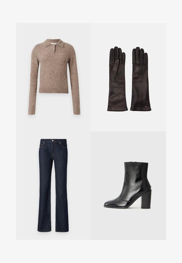 Hnedý vlnenný sveter s golierovým výstrihom, so vzorom v tvare diamantov a dlhými rukávmi, zakončený rebrovanými manžetami a spodným okrajom.; Tmavomodré džínsy s rozšíreným strihom, dizajnom s piatimi vreckami a kontrastným oranžovým prešívaním pozdĺž švov a vreciek.; Čierna kožená kotníková obuv s hladkým povrchom, špicatou špičkou a masívnym vysokým podpätkom. Zdobená bočným otvorom a minimalistickým dizajnom.; WEEKEND MaxMara SENAPE - Rukavice - nero