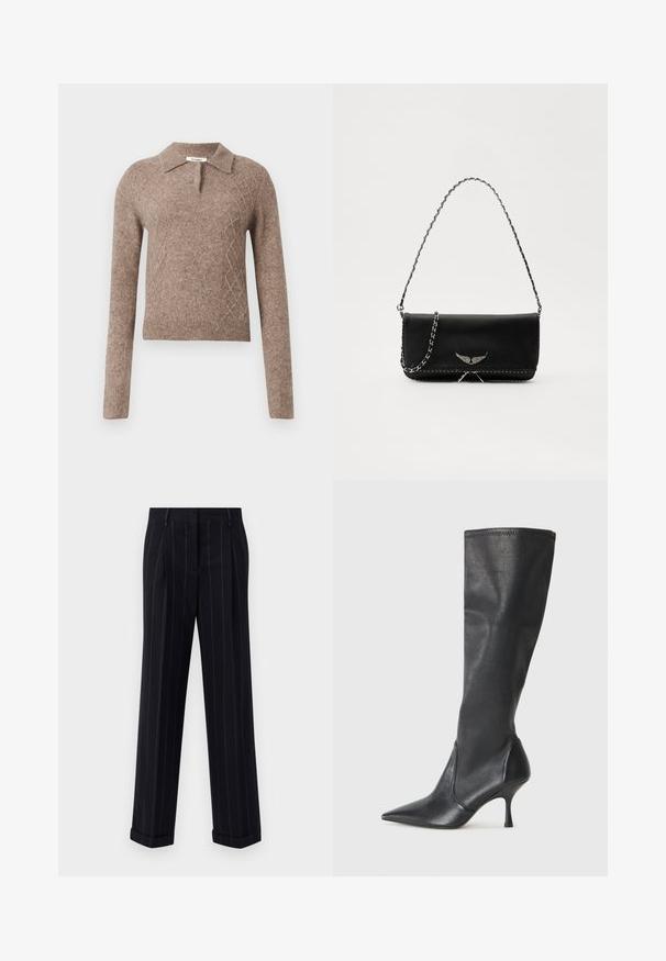 Pulover din lână maronie cu guler, având un model în diamante și mâneci lungi, terminat cu manșete și tiv cu nervuri.; Pantaloni negri cu dungi, cu o croială adaptată, având o tivă cu manșetă și pliuri frontale. Construiți dintr-un material neted cu un design structurat.; Botine din piele neagră, până la genunchi, cu vârf ascuțit și toc subțire stiletto. Textură netedă, cu un design ajustat și cusături la marginea superioară.; Geantă de mână din piele neagră cu un lanț din argint, având accente decorative în formă de aripi și cusături albe de-a lungul cusăturii de jos.