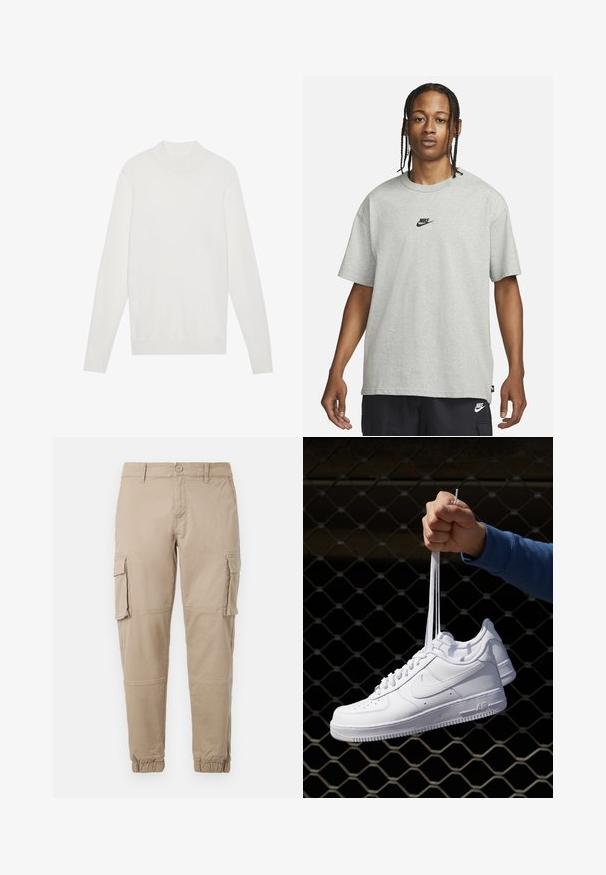 Pull-over blanc avec un col montant, des manches longues et des poignets et un ourlet côtelés. Fabriqué en tissu tricoté doux. Design simple et ajusté.; Jeune personne avec des cheveux tressés portant un t-shirt Nike gris clair et un short Nike noir sur un fond blanc uni.; Pantalons cargo beiges en coton léger. Comprend des poignets élastiques, plusieurs poches latérales et une fermeture à bouton.; Baskets en cuir blanc avec perforations, à bout rond, semelle plate et lacets épais, arborant un logo swoosh visible et "AIR" sur le talon.