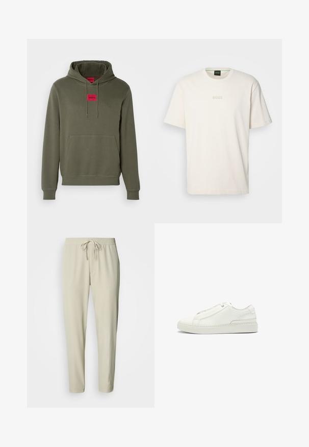 HUGO DARATSCHI - Hoodie - dark beige; BOSS TEE - T-shirt basic - open white; Beige taps toelopende broek met een elastische tailleband en trekkoord. Gladde stof met zijzakken en een ontspannen pasvorm die taps toeloopt bij de enkels.; Witte leren sneaker met een gestructureerde bovenkant, een ronde neus, minimalistisch ontwerp en een rubberen zool met gestikte details.
