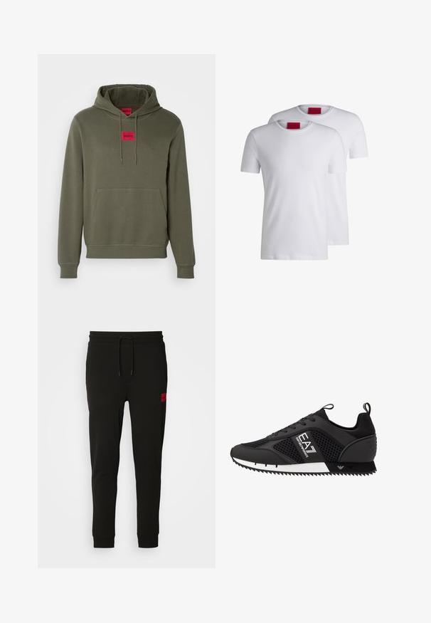 HUGO DARATSCHI - Huppari - dark beige; Kaksi valkoista T-paitaa, lyhyet hihat, tehty puuvillasta, joissa on punainen HUGO-tunnus kauluksessa. Ei kuvioita tai grafiikkaa.; Mustat collegehousut, jotka on valmistettu pehmeästä kankaasta, jossa on nyörikiinnitys vyötäröllä, slim fit -malli ja punainen logopatchi vasemmassa reidessä.; EA7 Emporio Armani Matalavartiset tennarit - black/white