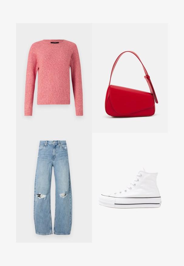 Piros kötött pulóver kerek nyakkivágással és hosszú ujjakkal. Texturált anyaggal rendelkezik, bordás mandzsettákkal és aljjal.; Világoskék, magas derekú farmernadrág. Széles lábakkal, két szakadt térddel és klasszikus öt zsebes dizájnnal rendelkezik.; Fehér magaskorsó vászon sportcipő fekete gumi talppal, elülső gumi orrnyereggel és hat fűzőlyukkal, letisztult, minimalista dizájnnal.; Piros bőr kézitáska szögletes, geometrikus kialakítással. Egy állítható pánttal és varrott részletekkel ellátott fedélzárral rendelkezik.