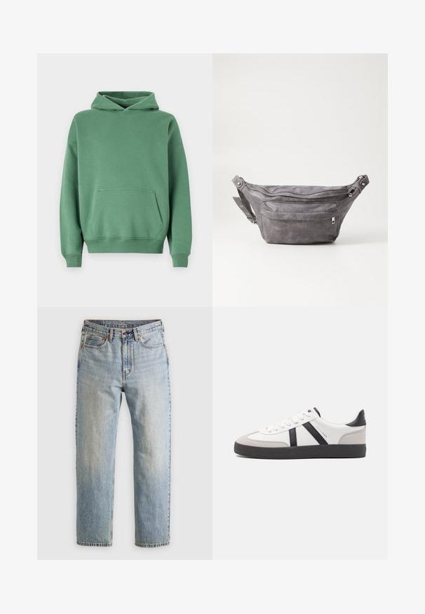 Abercrombie & Fitch Essential Popover Hoodie - Felpa - myrtle; Jeans in denim azzurro chiaro con vita alta, bottone anteriore, cerniera e design a cinque tasche, adagiati su uno sfondo neutro.; Sneaker bianco con accenti neri e grigi, dotata di una punta grigia testurizzata, suola in gomma nera e lacci bianchi piatti. Design pulito, stile minimalista.; Fanny pack in suede grigio con forma arrotondata, due scomparti con cerniera e tracolla regolabile. Presenta dettagli in metallo.