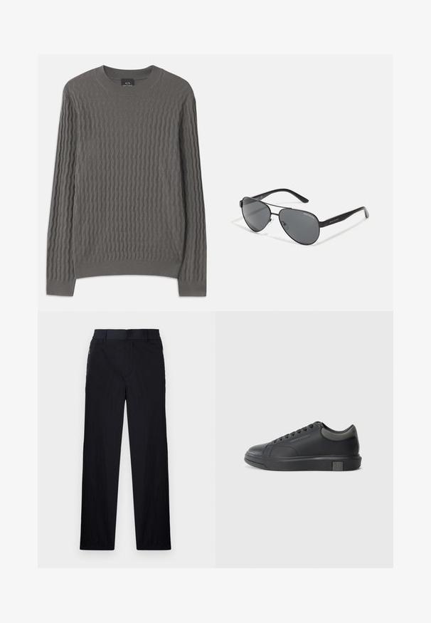 Armani Exchange Strikkegenser - dark gull zig zag; Sorte bukser med lett og teksturert stoff, rett ben-design, elastisk midjebånd og sidelommer med glidelås.; Sorte lærersneakers med en glat finish, rund tå og mørkegrå detaljer. Har snørebånd og en struktureret gummisål.; Svarte pilotbriller med mørke linser, tynn metallramme og slanke plastarmer med logo aksenter.