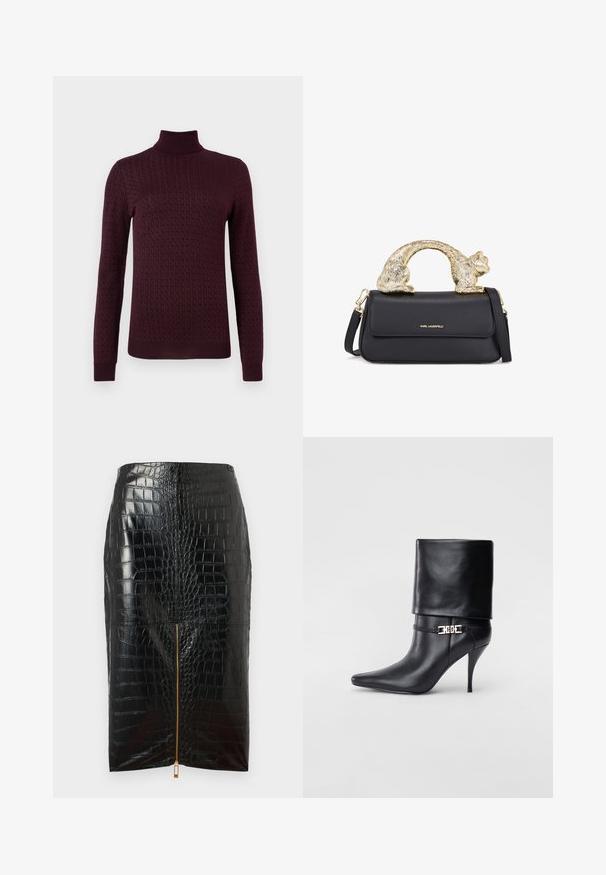 Burgundska turtleneck pulover s teksturiranim vzorcem, dolgimi rokavi in prilegajočimi manšetami. Narejen iz mehkega, raztegljivega materiala.; Črna umetna usnjena svinčnik krila s kroko teksturo, ki ima osrednji zlat zadrgo in gladko končnico.; Črne usnjene gležnjarje z ostrim nosom, visokim stiletto peto, zavihanim robom in zlatim okrasnim zaponko na gležnju.; Črna usnjena torbica z zlatim ročajem v obliki mačke, z zgornjim poklopcem, nastavljivim trakom in logotipom na spodnjem sprednjem delu.