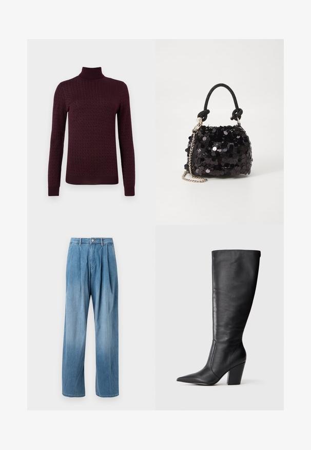 Burgundský rolák so štruktúrovaným vzorom, dlhými rukávmi a priliehavými manžetami. Vyrobený z mäkkého, elastického materiálu.; Svetlomodré denimové nohavice s širokými nohavicami a prehnutím vpredu. Obsahujú zips a gombíkový uzáver, kontrastné prešívanie a klasický dizajn.; Čierna kožená čižma po kolená s špicatou špičkou a masívnym vysokým podpätkom, zobrazená v profilu zľava na bielom pozadí.; Čierna mini kabelka so štrasom, s uzlovým textúrovaným popruhom a strieborným reťazom. Guľatý tvar s riaseným vrchom a reflexnými detailmi.