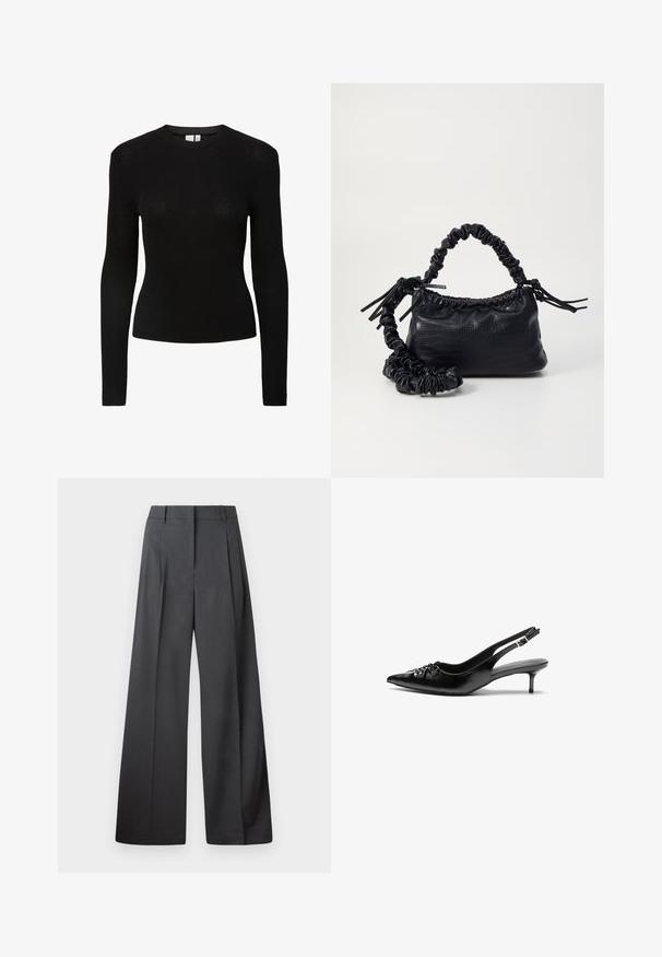 Μαύρο ριγέ τοπ με μακριά μανίκια, στρογγυλή λαιμόκοψη και εφαρμοστή σιλουέτα, κατασκευασμένο από υφασμάτινο πλεκτό υλικό.; Φαρδιά παντελόνια από σκούρο γκρι ύφασμα, με ψηλή μέση, μονές πτυχές και λεία υφή με καθαρή τελείωση στις άκρες.; Μαύρα δερμάτινα τακούνια slingback με尖尖 toe, μικρό kitten heel και διακοσμητική λεπτομέρεια με κόμπο στο μπροστινό μέρος. Λείος υφή σε όλη την επιφάνεια.; Μαύρη τσάντα από faux δέρμα με υφή κροκοδείλου, κλειστή στο επάνω μέρος και με ρυτιδωμένο λουρί. Φαίνεται μαλακή και συμπαγής στο σχέδιο.
