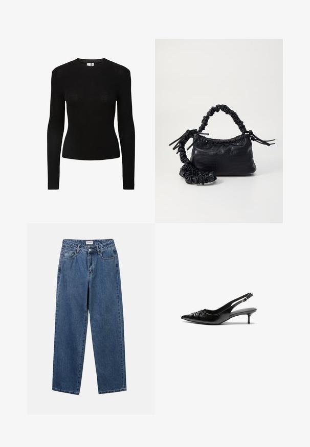 Svart ribbestrikket langermet topp med rund hals og tettsittende silhuett, laget av et strukturt strikkemateriale.; Klassiske blå denimjeans med rett ben-design, fem lommer og knappelukking. Har en middels vask og solid tekstur.; Sorte skinnert remsandaler med spiss tå, liten kittenhæl og en dekorativ knute detalj foran. Glatt tekstur gjennom hele.; Svart faux skinn-håndveske med krokodilletekstur, strammet topp og en rynket stropp. Ser myk og kompakt ut i designen.