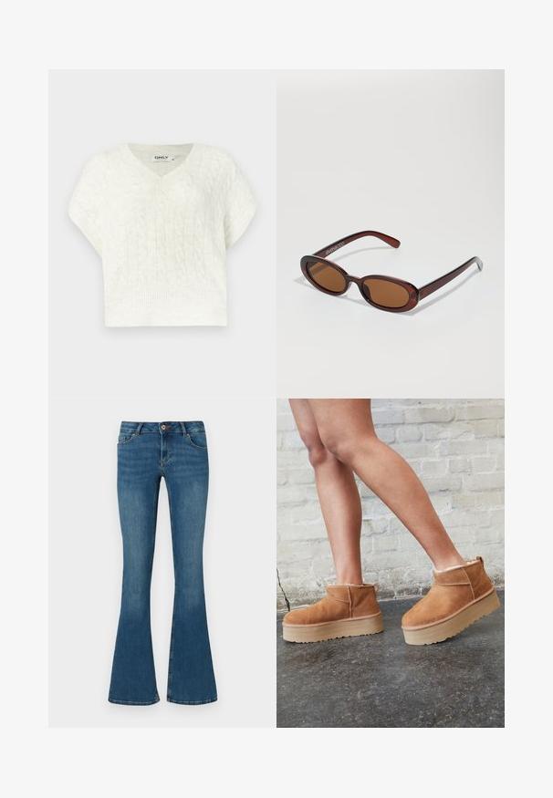 Pull en tricot blanc avec un col en V, des manches courtes, un ourlet côtelé et un motif texturé. Fabriqué en matériau tricoté doux.; Jean évasé en denim bleu moyen avec une texture lisse, comprenant deux poches avant, une fermeture par bouton, et un léger effet délavé.; Bottines en suède marron avec une doublure en peluche, semelle épaisse en beige et une poignée à l'arrière. Surface texturée avec des détails de couture visibles.; Lunettes de soleil rondes teinte brun avec une monture bordeaux brillante. Branches fines avec un détail de marque subtil. Design de verres plats.