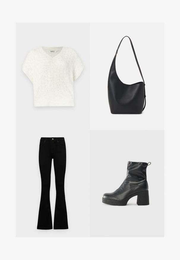 Valge nööridega kootud sviiter V-kaeluse, lühikeste varrukate, soonikkoha ja tekstuuriga mustriga. Valmistatud pehmest kootud kangast.; Mustad kõrge vöökohtadega teksad, millel on nööp ja lukuga sulgemine, esikäe taskud ja laienevad sääred, asetatud tasasele valgele taustale.; Mustad mustad ansapüksid, mis on valmistatud siledast nahast, külje zipperiga, paksu tekstuuriga kontsaga ja ümmarguse nina disainiga.; Mustast nahast hobo kott, millel on sile tekstuur, kumer kuju ja üks reguleeritav rihm; peal on lai avaus.